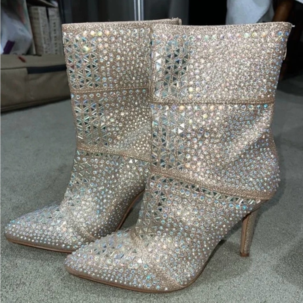 RHINESTONE NUDE AND SILVER BOOTIES